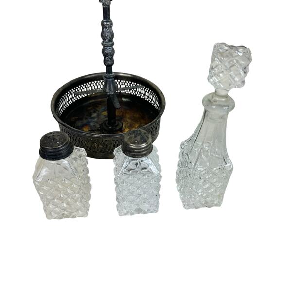 Vintage Italy Raimond Silver Plate Castor Cruet Salt Pepper Oil Textured Glass - Picture 3 of 9